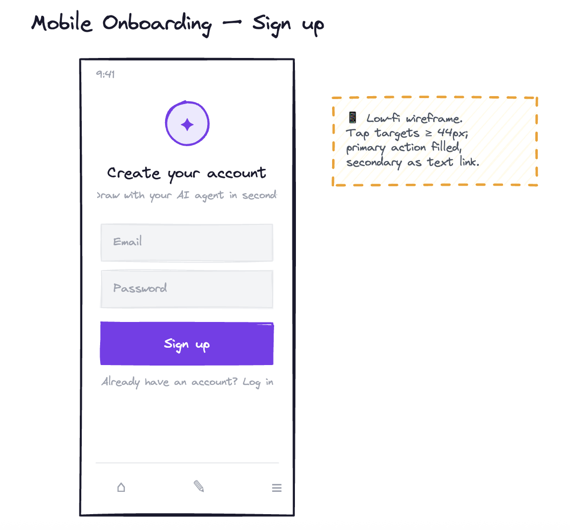 Mobile onboarding wireframe example drawn on FlyingDraw